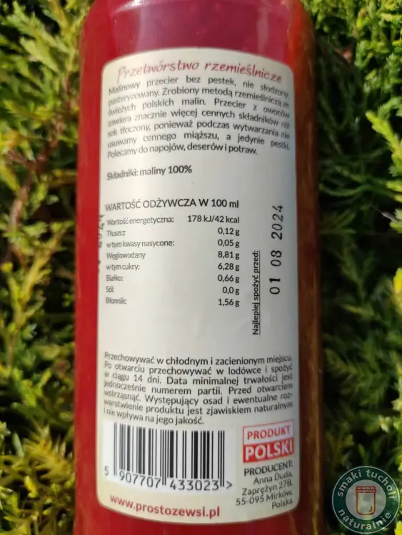 Mus Malinowy przecier nie słodzony 500ml - PROSTO ZE WSI