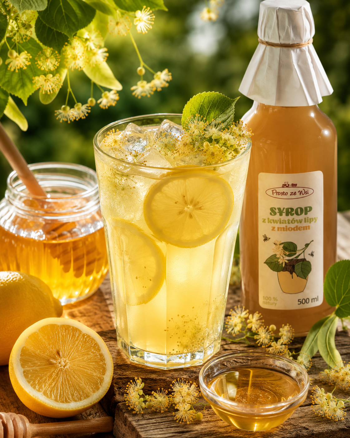 Lemoniada z syropem z kwiatów lipy i miodem lipowym